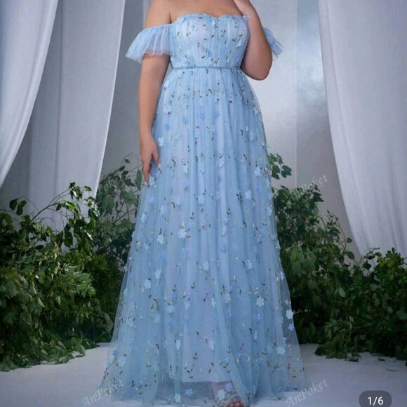 Light Blue Off-Shoulder Floral Maxi Dress (Never Worn) - Picture 1 of 1